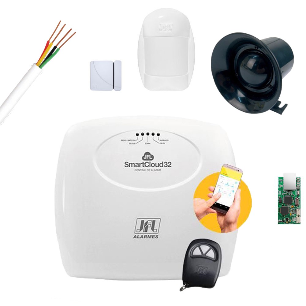Kit Central Alarme JFL Wifi Smartcloud 32 com 4 Sensores Acesso Celular
