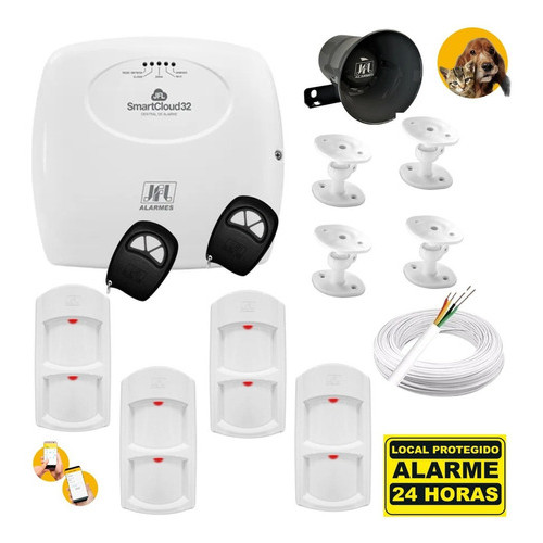 Kit Alarme Jfl Smartcloud 32 Wifi 4 Sensor Presença Pet 30kg