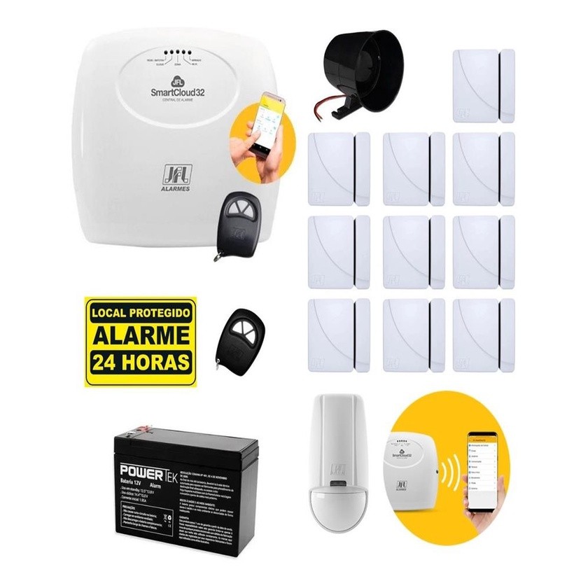 Kit Alarme Residencial JFL SmartCloud 32 Wi-Fi + 10 Sensores + App Celular + Sirene Completo