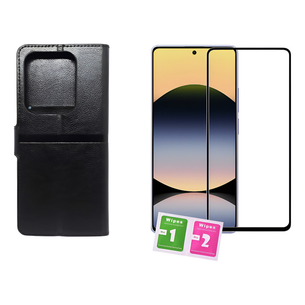Capa Carteira Flip Preta Para Redmi Note 14s + Pel Ceramica Compativel Xiaomi Capinha Case