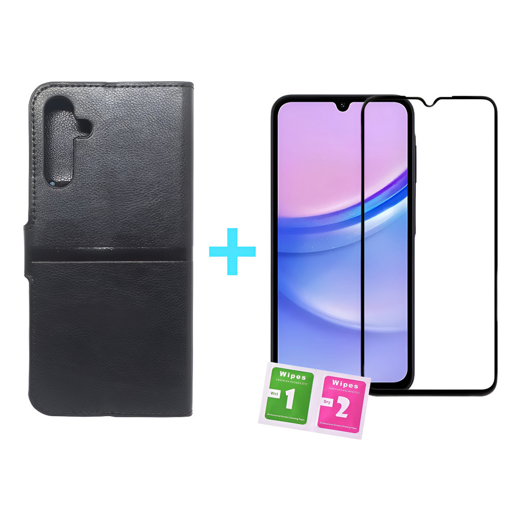 Kit Capa Carteira Flip Preta Para Galaxy A15 + Pel Vidro 3d Compativel Samsung Capinha Case