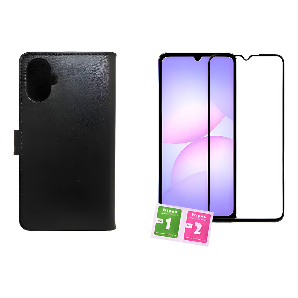 Kit Capa Carteira Flip Preta Para Galaxy A07 + Pel Ceramica Compativel Samsung Capinha Case