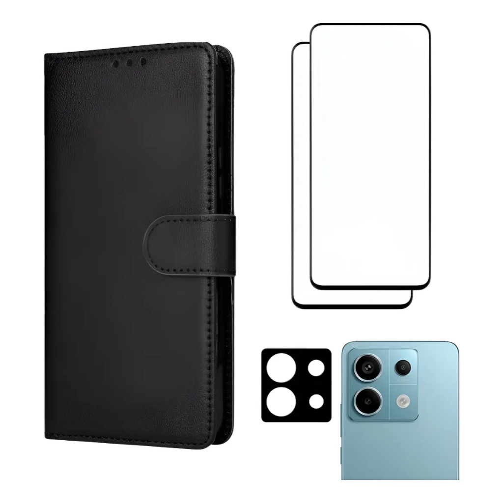 Capa Case Carteira Flip + 2x P. Anti-Quebra Cerâmica + Pel. Câm Traseira Do Xiaomi Note 14s