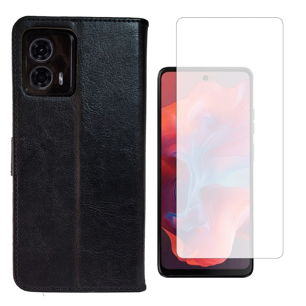 Capa Carteira flip cover Couro Sintetico compatível P/  Moto G34 + Pel Vidro