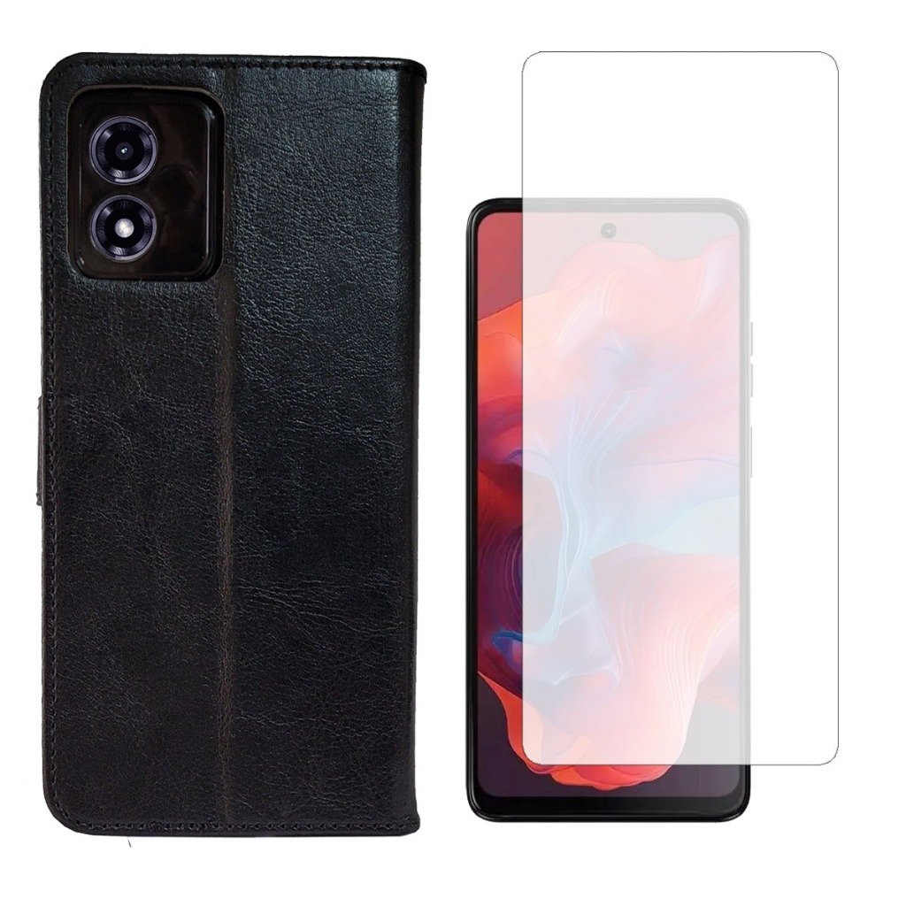 Capa Carteira flip cover Couro Sintetico compatível P/ Motorola Moto G04S + Pel Vidro