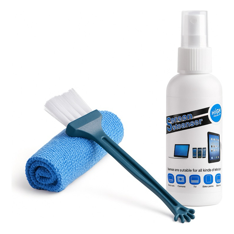 Kit Limpeza Tela LCD LED Monitor TV Notebook Celular – Spray 100ml + Pano Microfibra + Escova Anti Poeira
