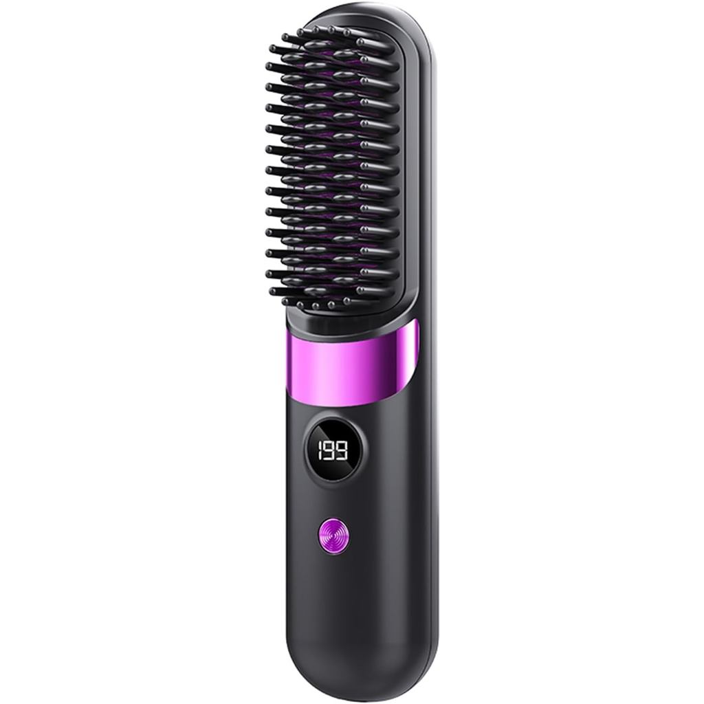 Escova Térmica para Cabelos Curtos, Escova Alisadora Sem Fio, 3 Configurações de Calor e Tela LED, Recarregável por USB,