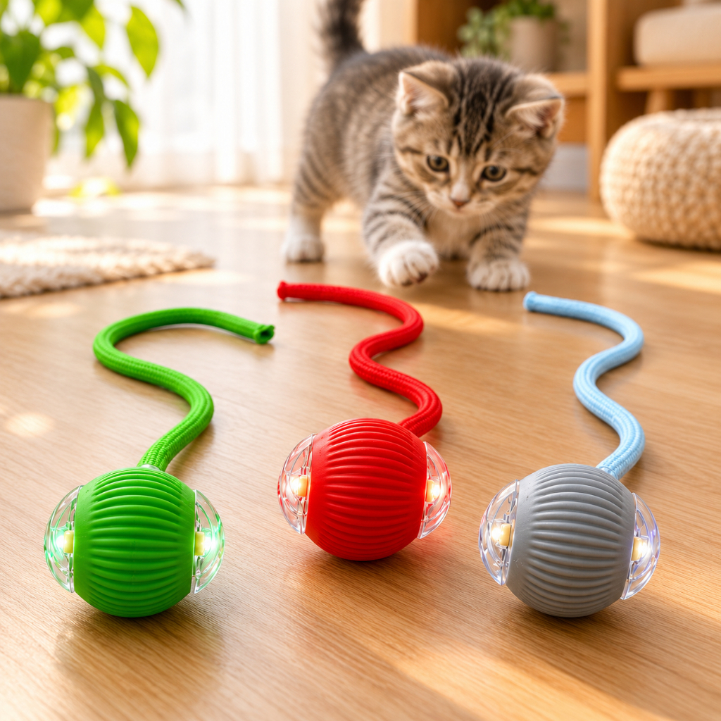 Bola Interativa Pet Automática USB Recarregável Brinquedo para Cães Gatos Cordão Movimento Diversão