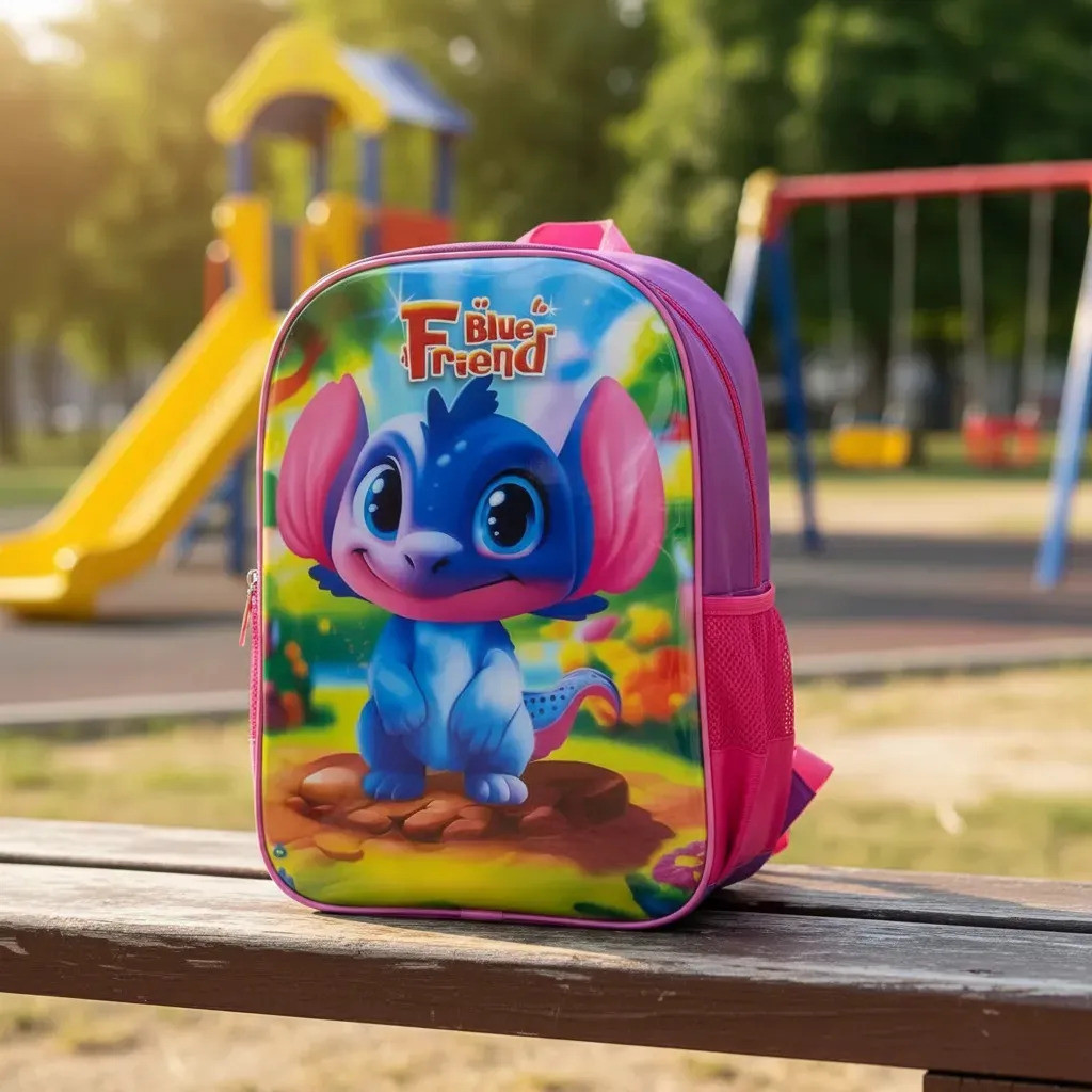 Mochila Infantil Escolar First Blue Friend 13l Azul Poliester Rosa-chiclete Geométrico