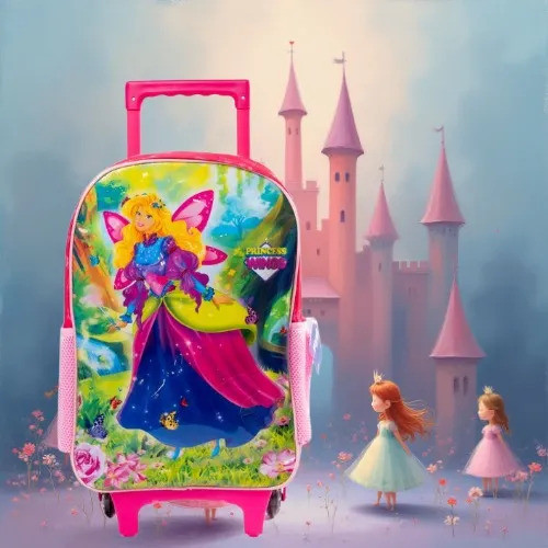 Mochila Rodinhas Escolar First Princess Wings Rosa 17l Poliéster Estampa Colorida