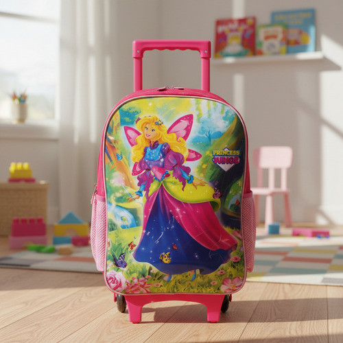 Mochila De Rodinhas Escolar First 17l Poliéster Rosa Estampa Colorida Personagem menina