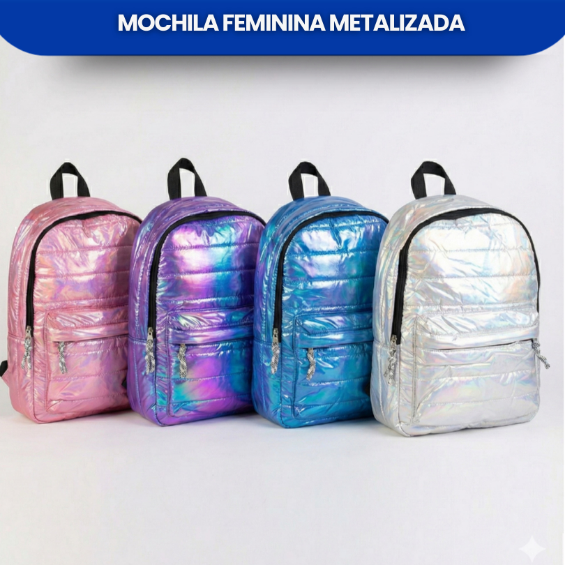 Mochila Holografica Metalizada First Sortida Escolar Passeio Moderna Resistente Unica