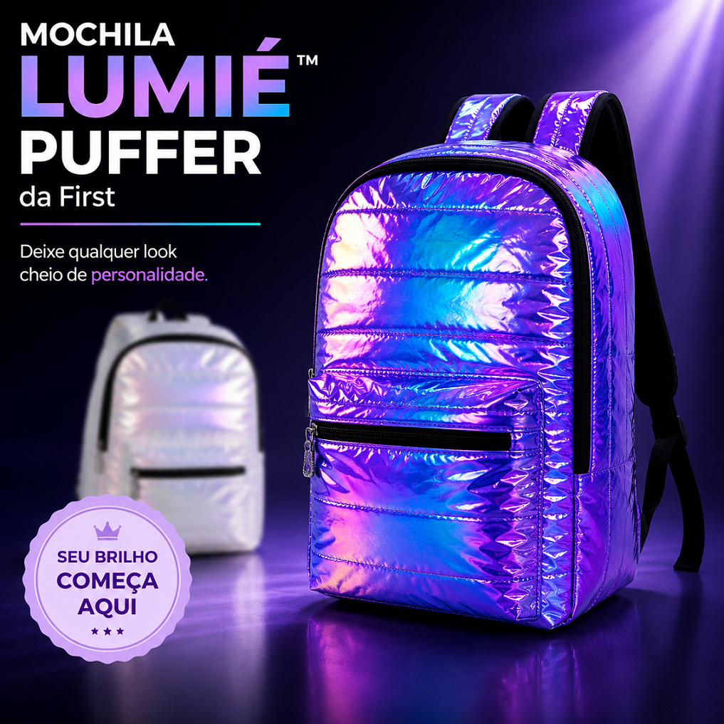 Mochila Feminina Escolar Academia Casual Holográfica Metalizada Resistente 13 Litros Lumié™ Puffer First Sortida