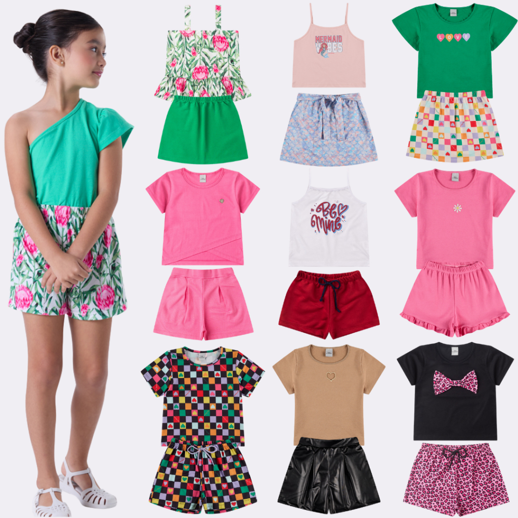 Kit Sortido 4 Peças de Roupas Infantis Menina Verão- 2 Camisetas +2 Shorts/Saia