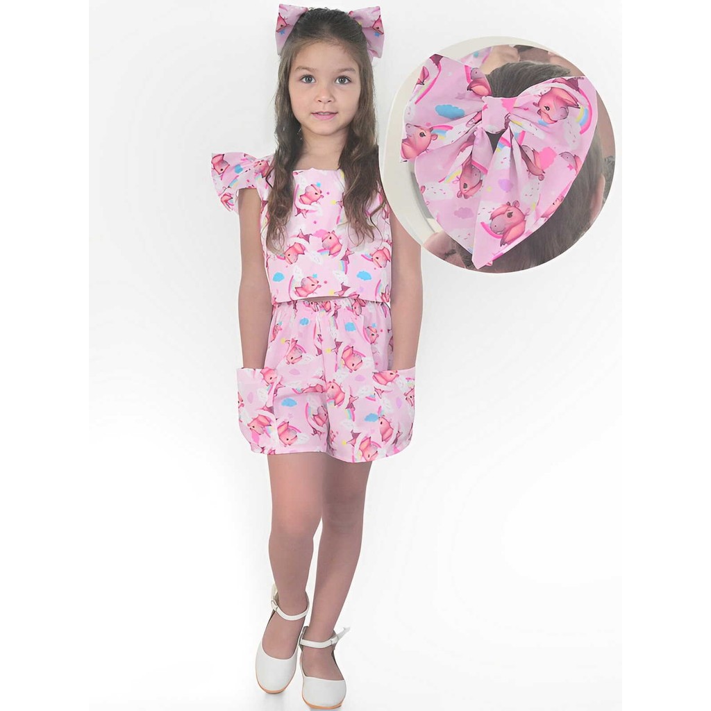 Conjunto Infantil Capivara Charmosa Rosa - Blusa Short + Enfeite Cabelo Luxo