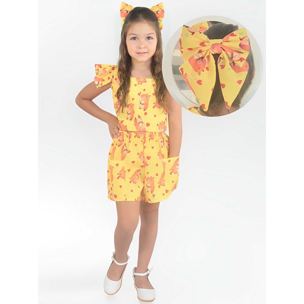 Conjunto Infantil Capivara Charmosa - Blusa e Short + Enfeite de Cabelo - Várias Cores Luxo