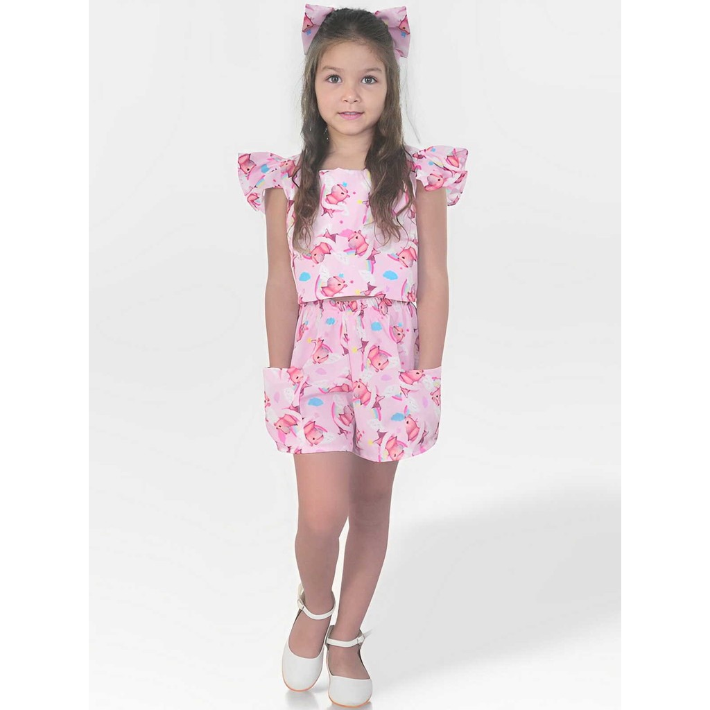 Conjunto Infantil Capivara Charmosa Rosa Menina Blogueirinha - Blusa e Short Luxo