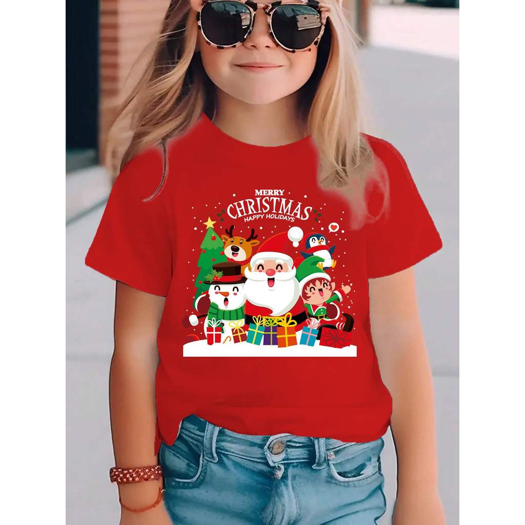 Camiseta Infantil de Natal Menina Estampa Papai Noel Rena e Elfos Manga Curta Preta Vermelha Festiva