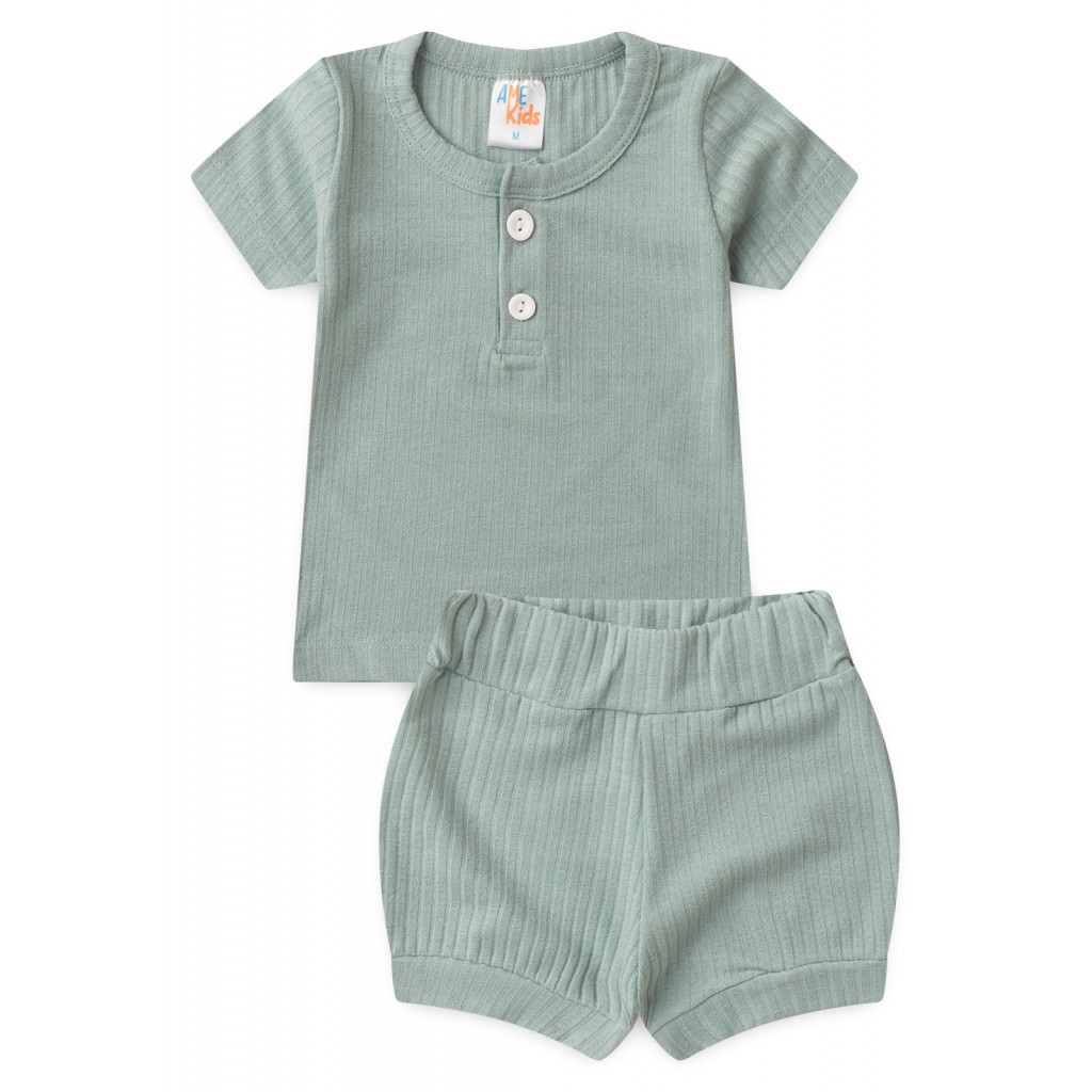Conjunto Infantil Feminino Camiseta com Botões  e Short em Malha Canelada