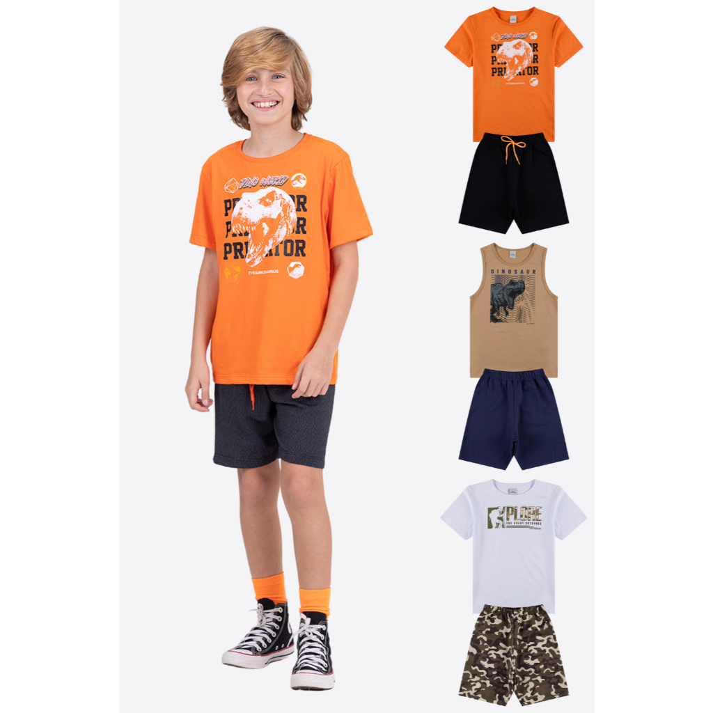 Kit 6 Peças de Roupas Infantis Menino Aventura Verão- 3 Camisetas + 3 Shorts
