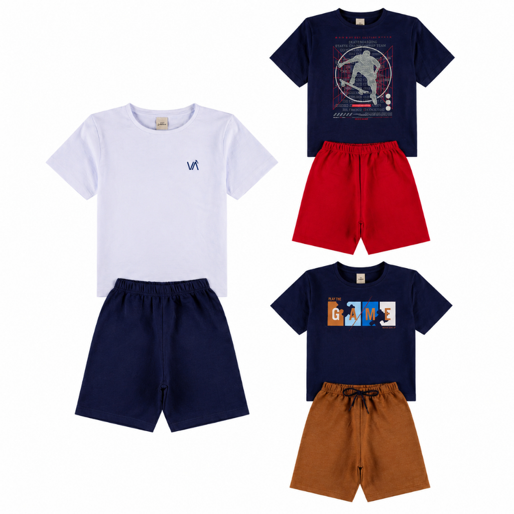 Kit 6 Peças de Roupas Infantis Marinho Menino Verão- 3 Camisetas + 3 Shorts