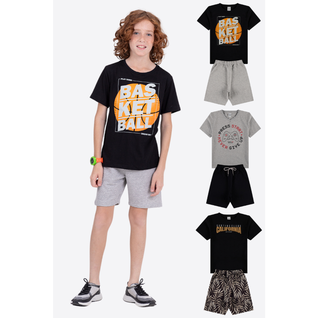 Kit 6 Peças de Roupas Infantis Detalhes Menino Verão- 3 Camisetas + 3 Shorts