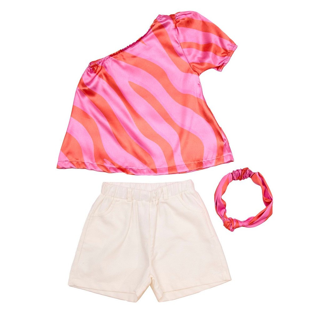 Kit Shorts Branco Blusa Com Uma Manga E Faixa De Cabelo