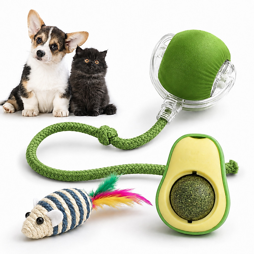 Kit Brinquedo Interativo para Gatos Ratinho de Sisal, Abacate Catnip e Bola LED Inteligente