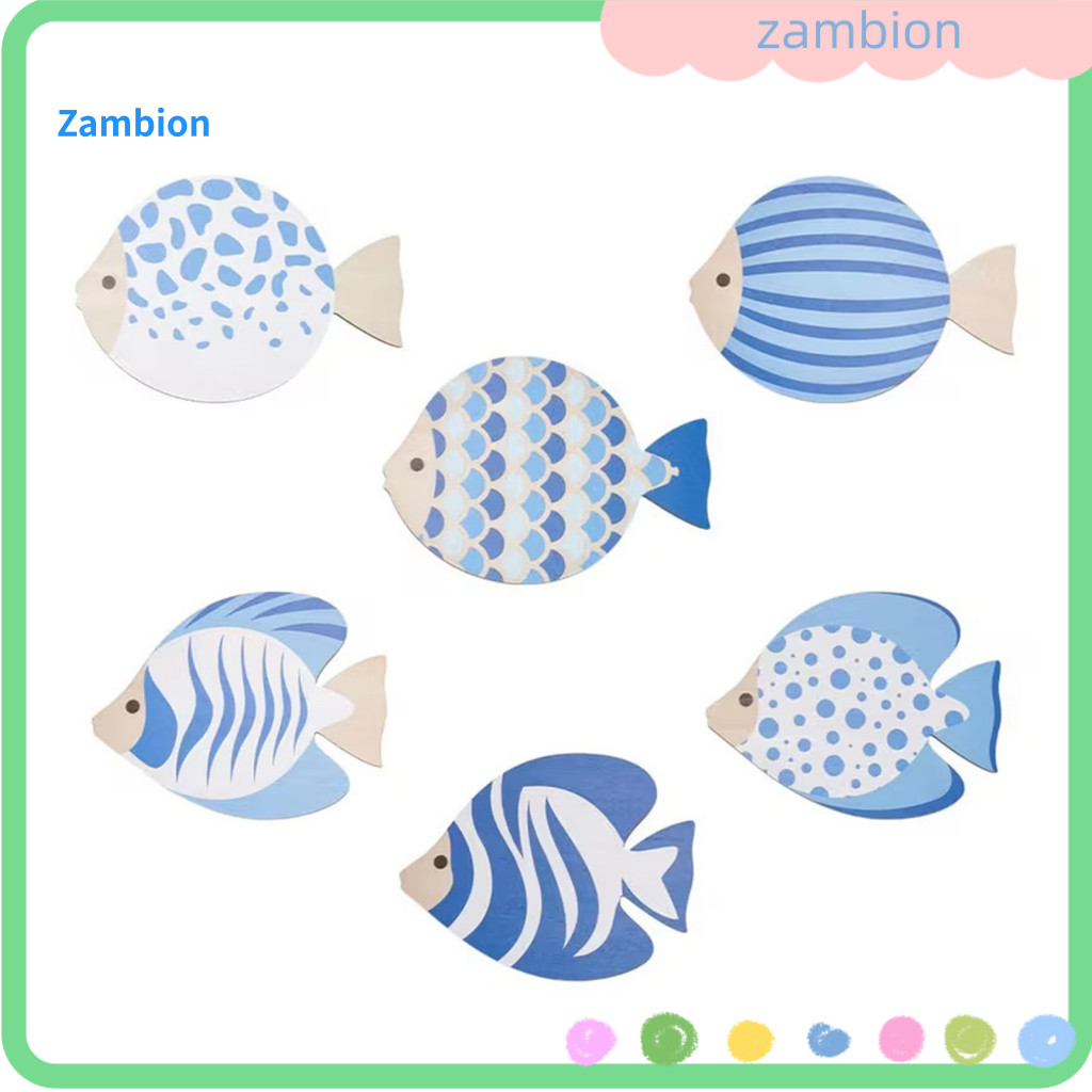 Ocean Theme Wall Decor Nature Inspired Art 6pcs Wooden Fish Striped Self-adhesive Coastal Beach Stickers for Kids Room N