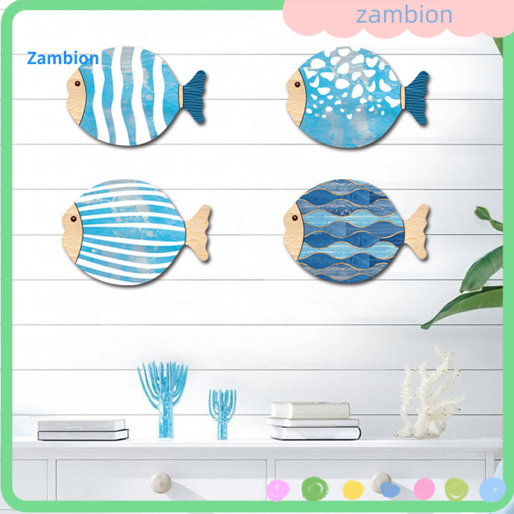 Wood Fish Wall Art Style 4 Pcs Wooden Decor Set – Rustic Nautical Coastal for Home Lake House Bathroom Beach Theme Han
