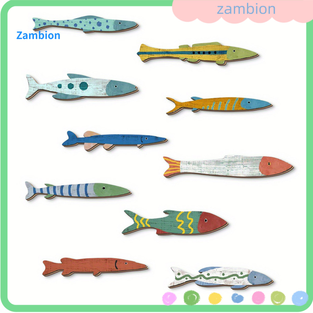 Vintage Fish Wall Art Wooden Decoration 10 Pcs Decor Set Coastal Nautical Beach Sculpture for Bathroom Room Lake House O
