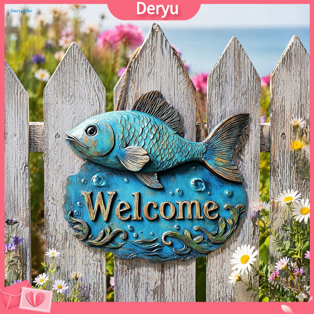 Coastal Wall Decor Retro Door Hanger Wooden Welcome Sign with Distressed Fish Hanging Art for Front Outdoor Garden Patio