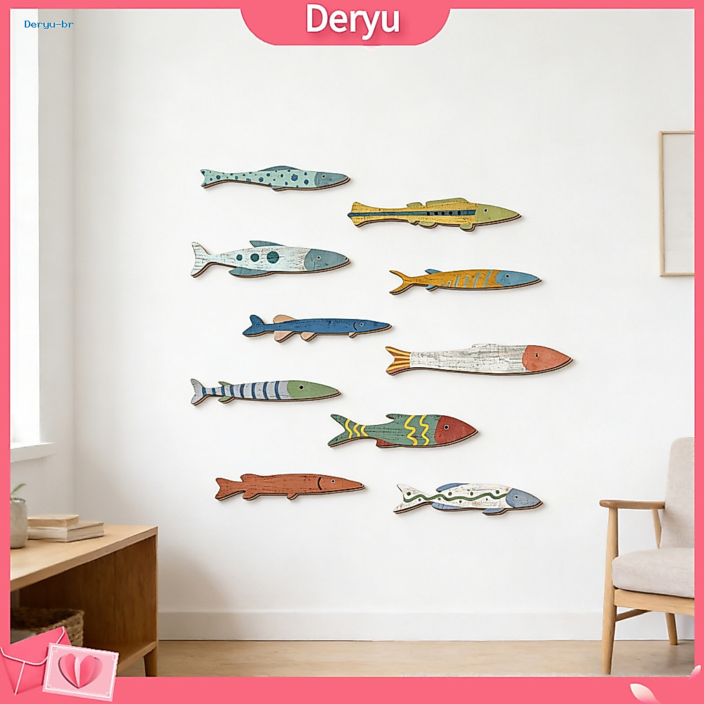 Nautical Wooden Fish Art Wall 10 Pcs Decor Set Coastal Beach Vintage Sculpture for Bathroom Room Lake House Ocean Theme
