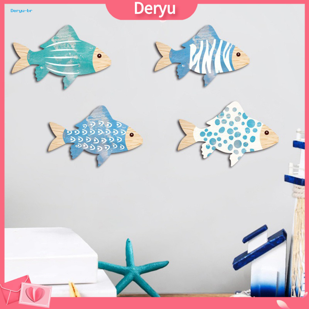 Wood Fish Wall Art Moisture-proof Stickers 4 Pcs Wooden Decor Set – Rustic Nautical Coastal for Home Lake House Bathro