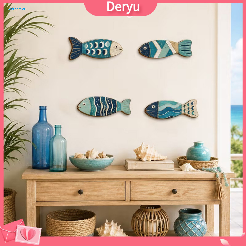 Distressed Wood Fish for Entrance Coastal Wall Art Decor 4pcs Wooden Set 2d Flat Style Hanging Ornaments for Bedroom Bat