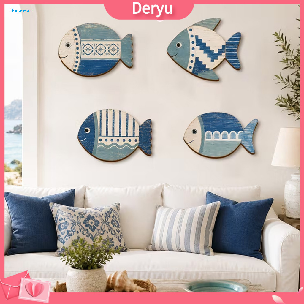 Wooden Fish Wall Art Nautical Home Ornaments 4pcs Rustic Decor Set Blue White Geometric Hanging Plaques Coastal Style fo