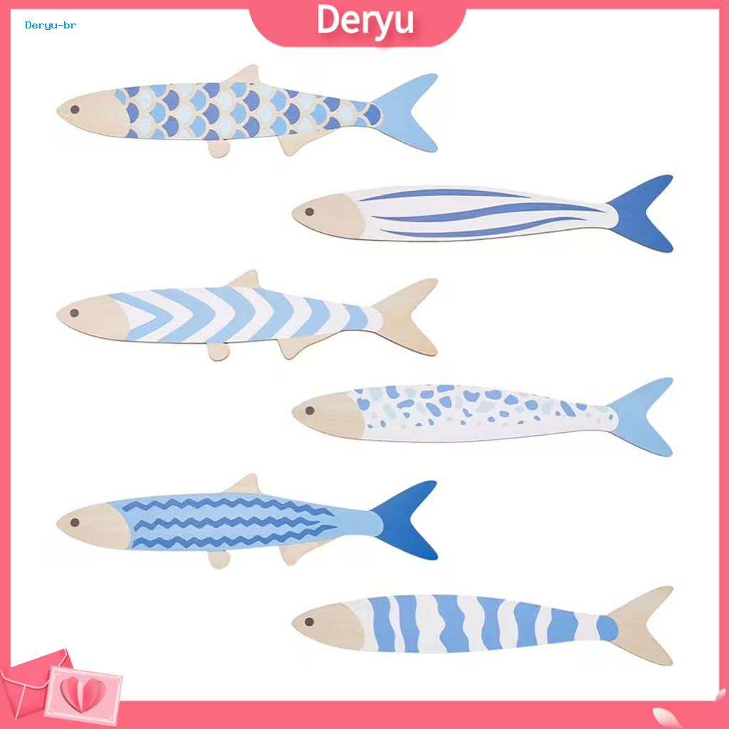 Style Wall Hanging Wooden Art Decor 6pcs Fish Set Blue White Coastal Beach House Nautical Sea Life for Room Bedroom Home