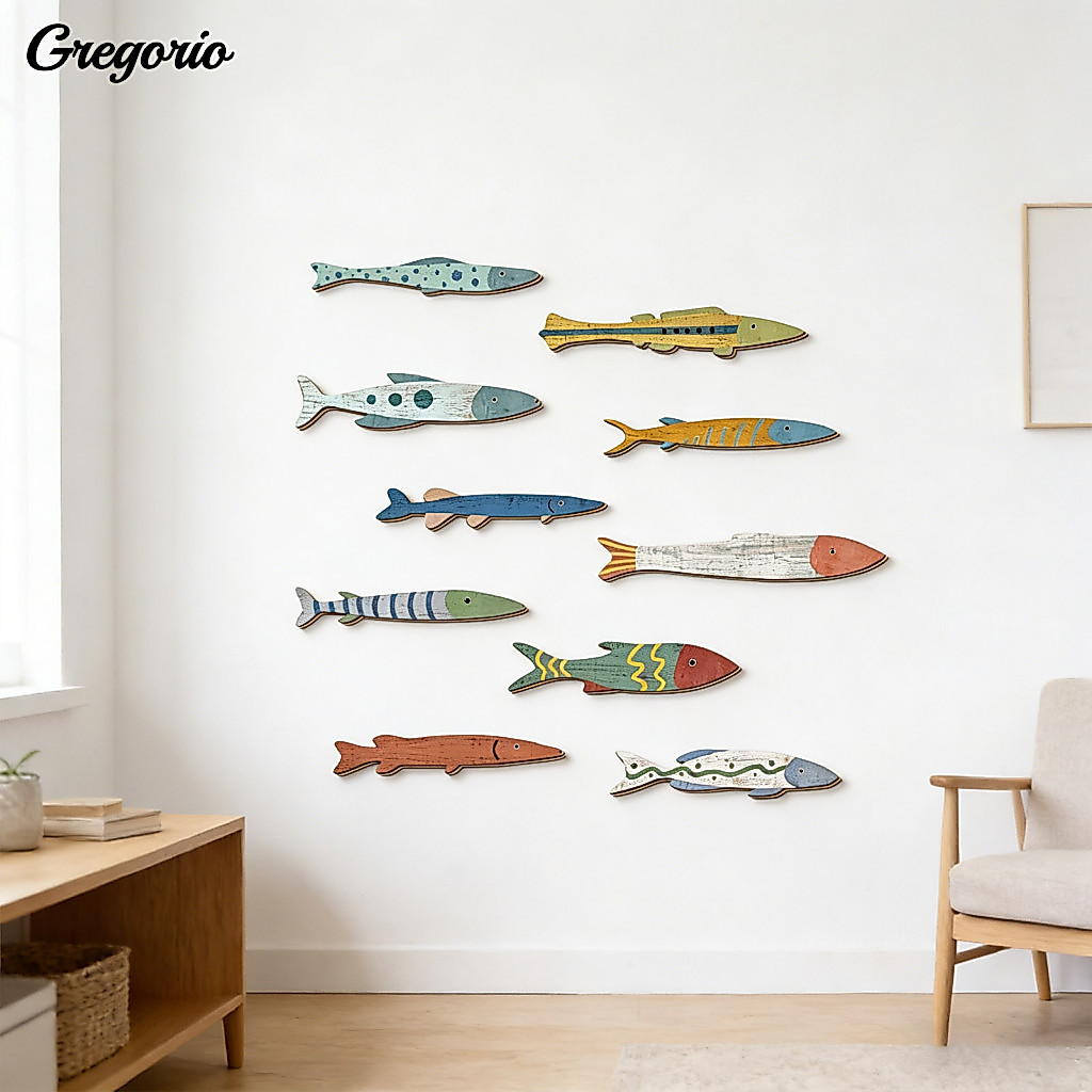Fish Wall Art 10 Pcs Wooden Decor Set Coastal Nautical Beach Vintage Sculpture for Bathroom Living Room Lake House Ocean
