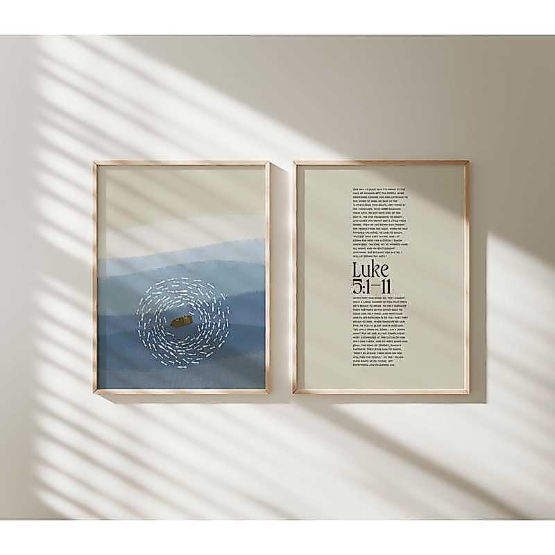 Bible Miraculous Catch Boat Fish Circle Coastal Poster No Frame Canvas Wall Art Painting Religious Study Decor