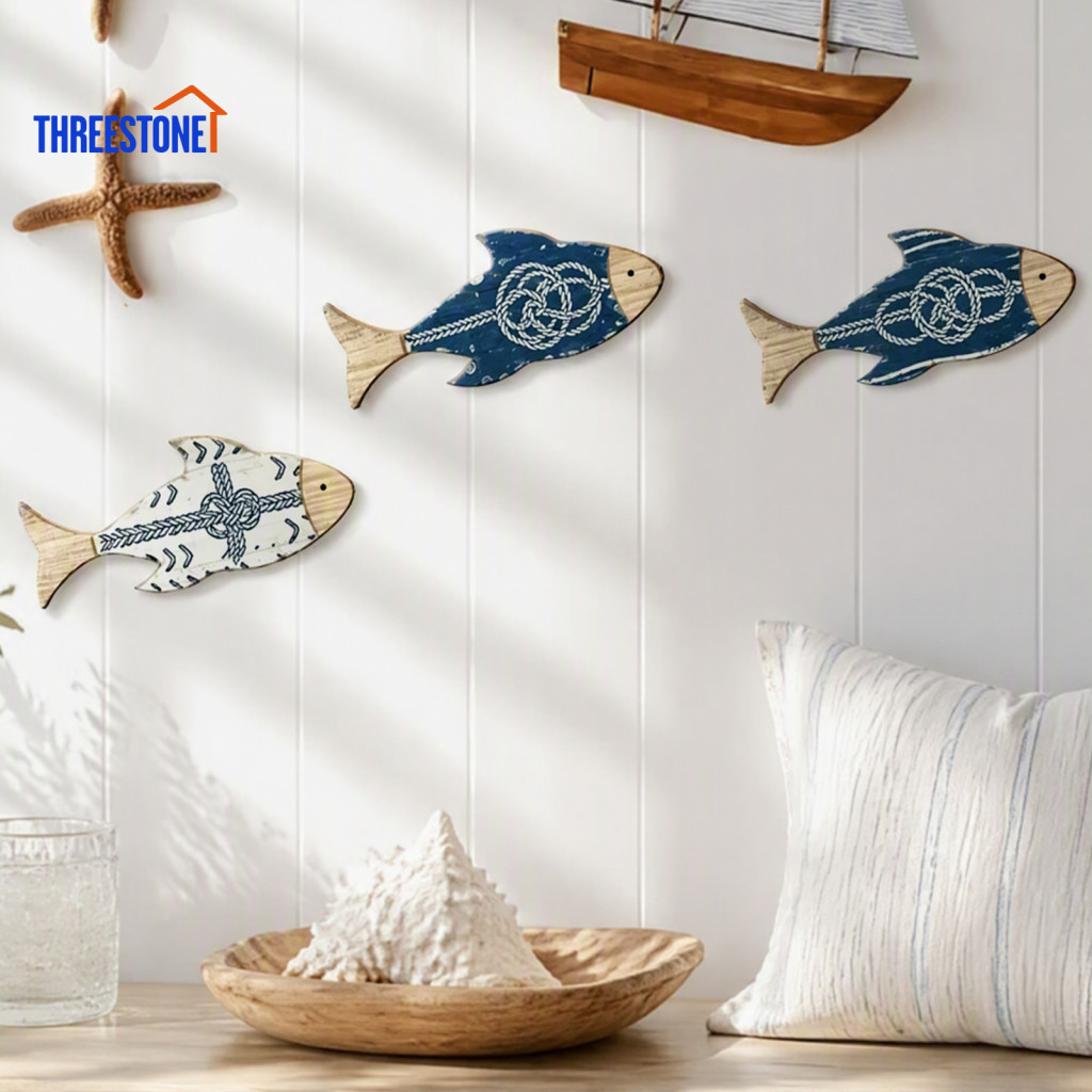Coastal Theme Wall Art Nautical Decor 3pcs Wooden Fish Set Knot Style for Beach House Bathroom Bedroom Decoration Sea-in