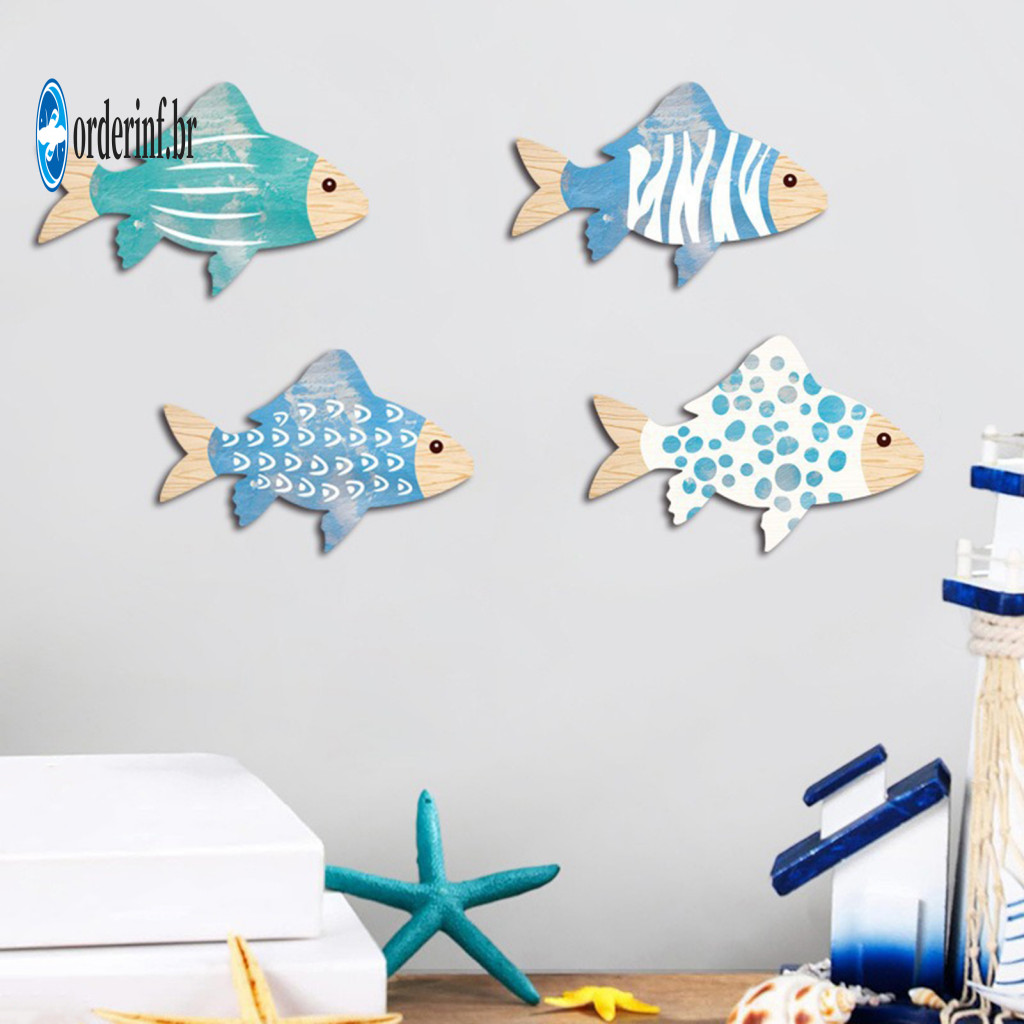 Wood Fish Wall Art Kids Safe Decoration 4 Pcs Wooden Decor Set – Rustic Nautical Coastal for Home Lake House Bathroom