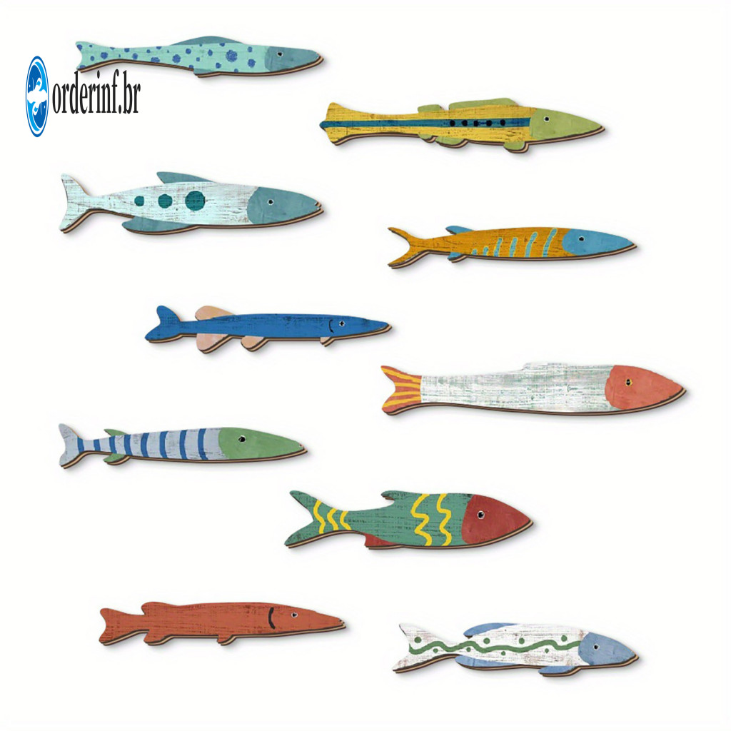Vintage Fish Wall Art 10 Pcs Wooden Decor Set Coastal Beach Nautical Sculptures for Lake House Bathroom Room Ocean Theme