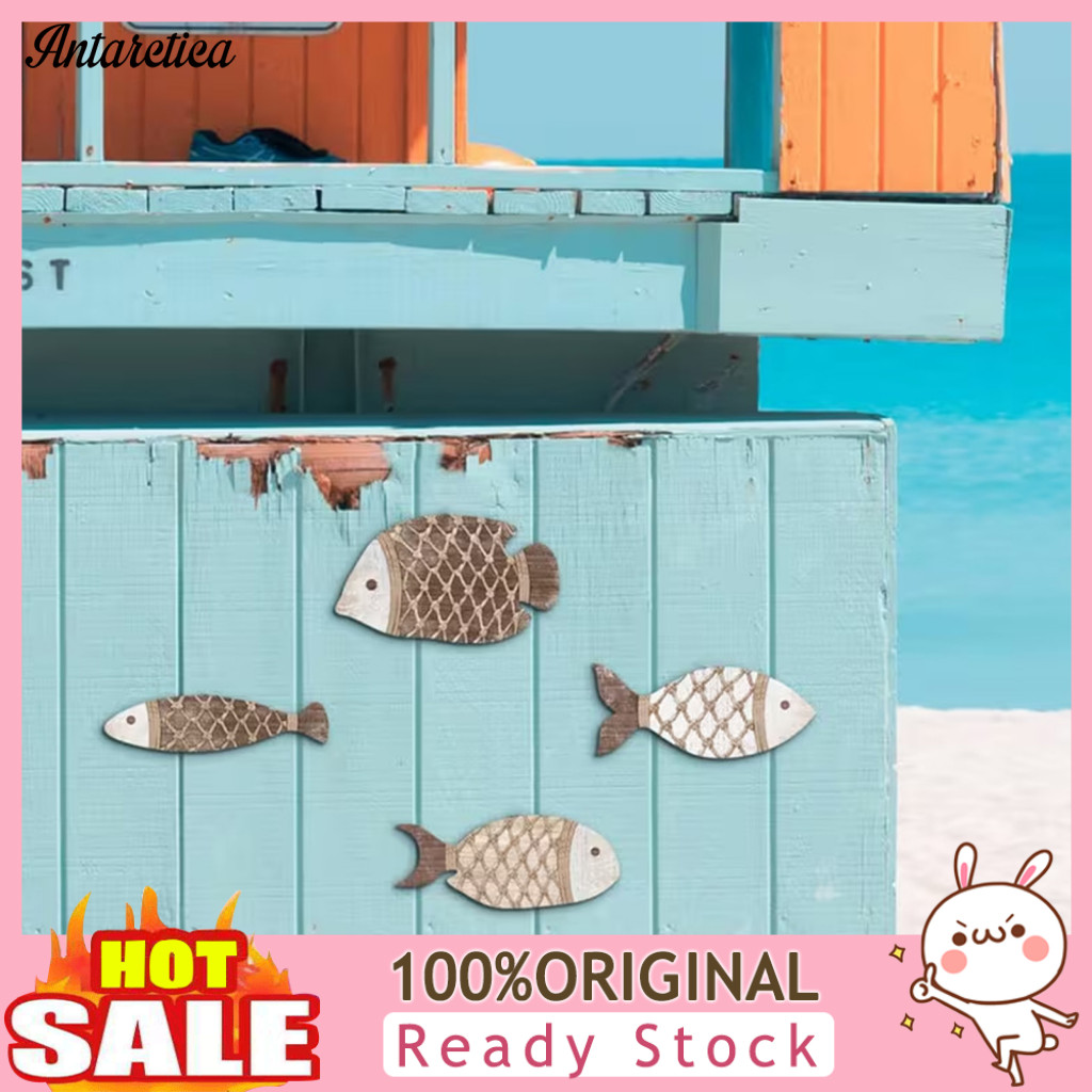 Coastal Wall Art 4pcs Handmade Wooden Fish Decor Nautical Theme Ocean for Bathroom Kitchen Living Room Seaside Rustic Be