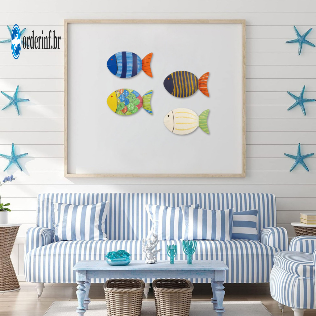 Removable Wall Decals Kids Room Fish Art 4 Pcs Wooden Decor Set Rustic Nautical Beach Theme Coastal Farmhouse for Bathro