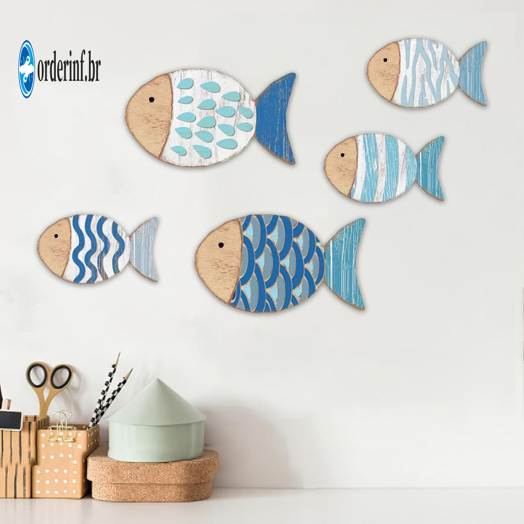 Wall Fish Decoration Nautical Theme Decor 5pcs Wooden Set Coastal Ocean Hanging Ornaments Beach House Bathroom Art Sea L