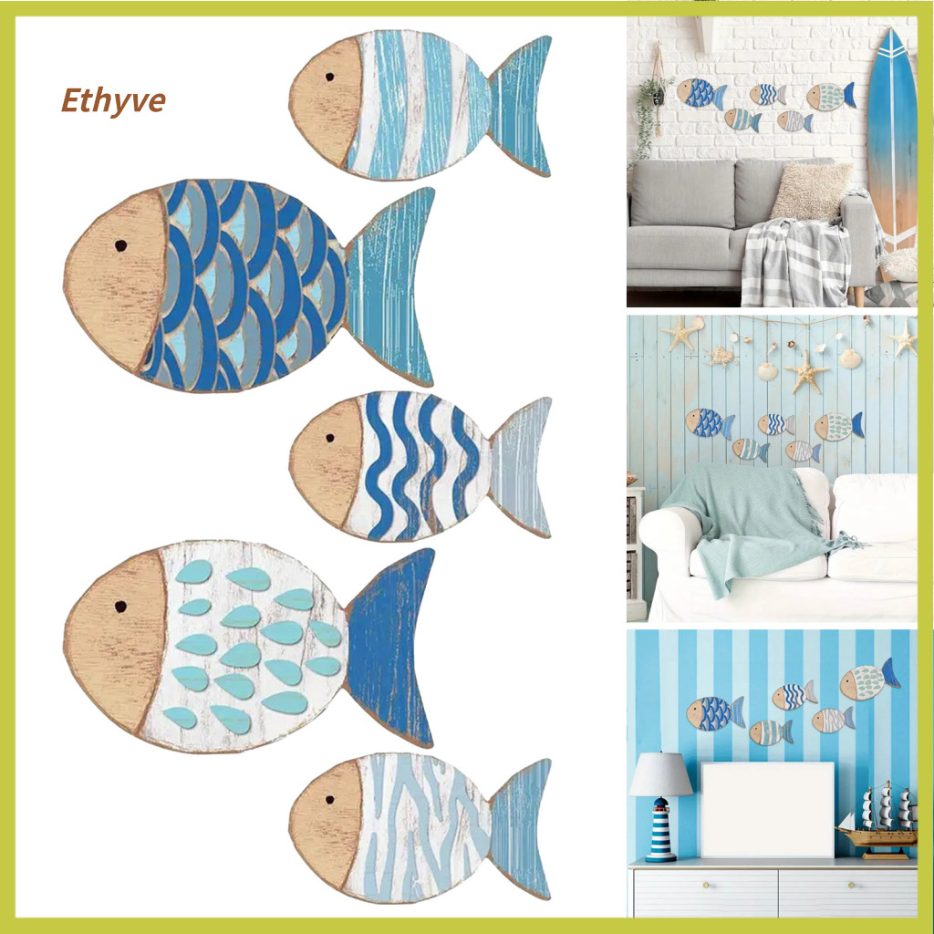 Wall Fish Decoration Nautical Wooden Decor 5pcs Set Coastal Ocean Theme Hanging Ornaments Beach House Bathroom Art Sea L