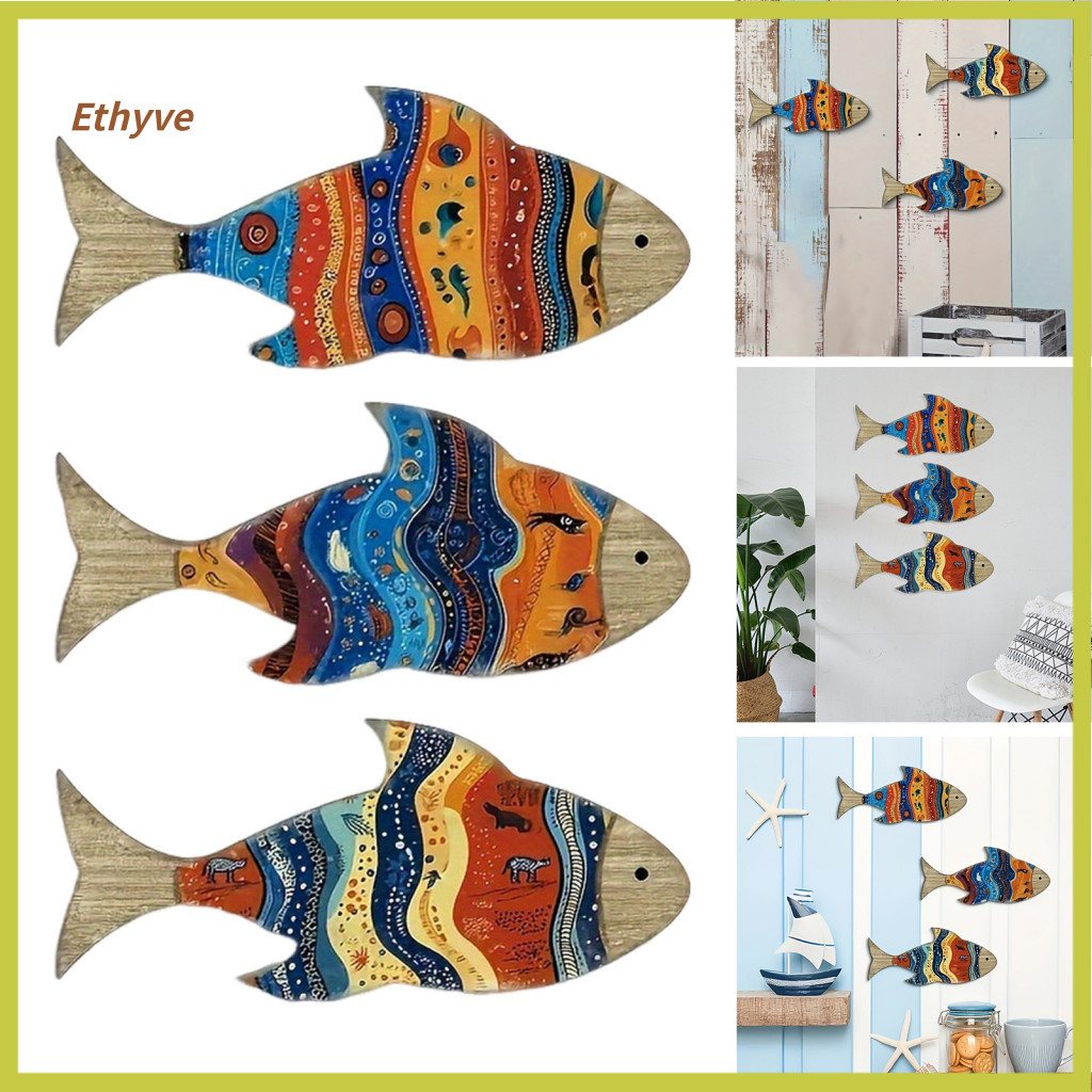 Wooden Fish Wall Decorations Art Set 3pcs Nautical Decor Rustic Colorful Sculpture for Farmhouse Room Bathroom Coastal H