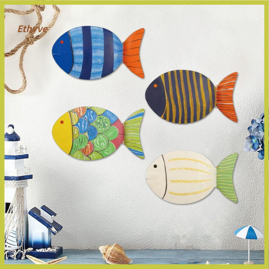 Removable Wall Decals Ocean Style Decor 4 Pcs Wooden Fish Set Rustic Nautical Beach Theme Coastal Farmhouse Art for Bath