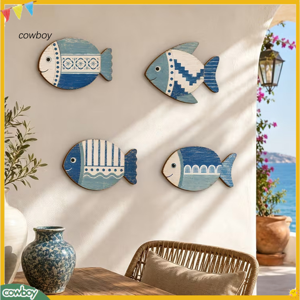 4pcs Rustic Wooden Fish Wall Decor Set Mediterranean Blue White Geometric Hanging Plaques Coastal Style Art for Bathroom