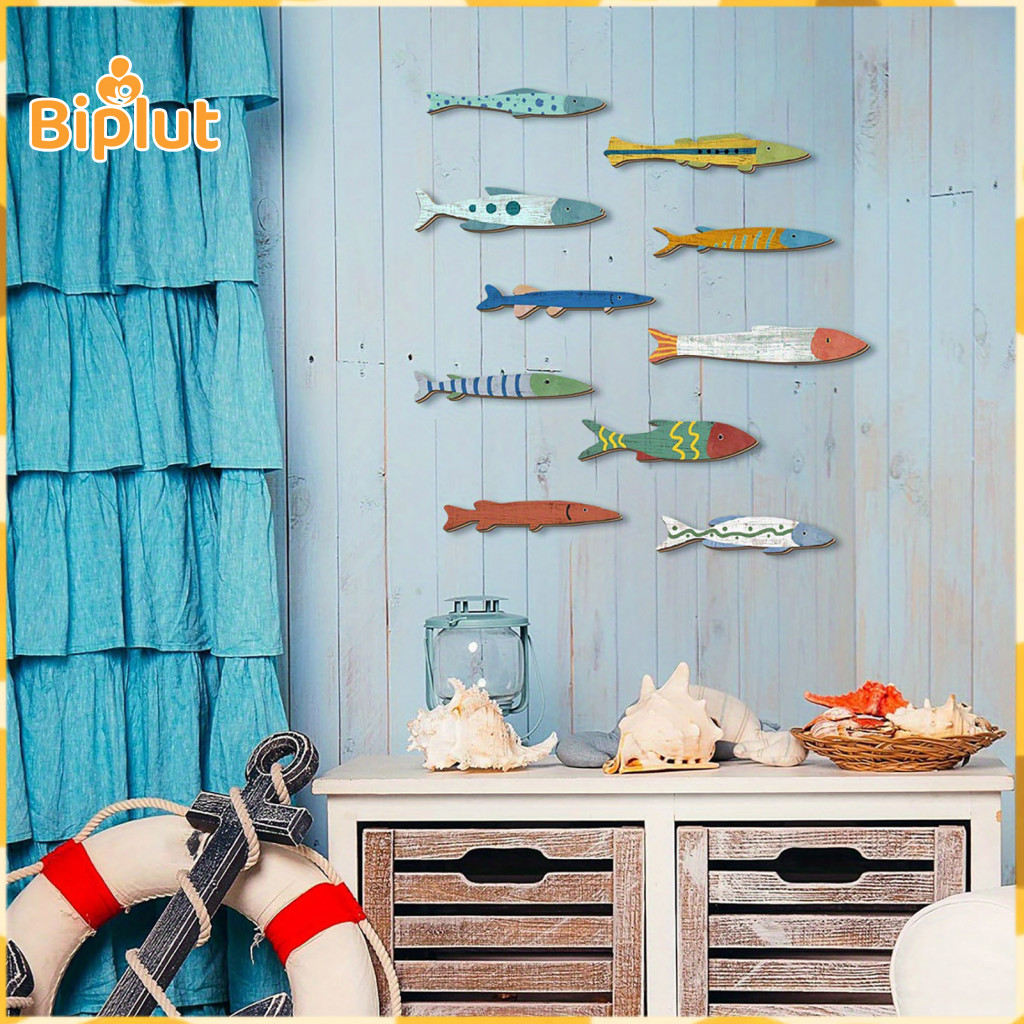 Fish Wall Art Rustic Hanging 10 Pcs Wooden Decor Set Coastal Beach Nautical Vintage Sculptures for Lake House Bathroom R